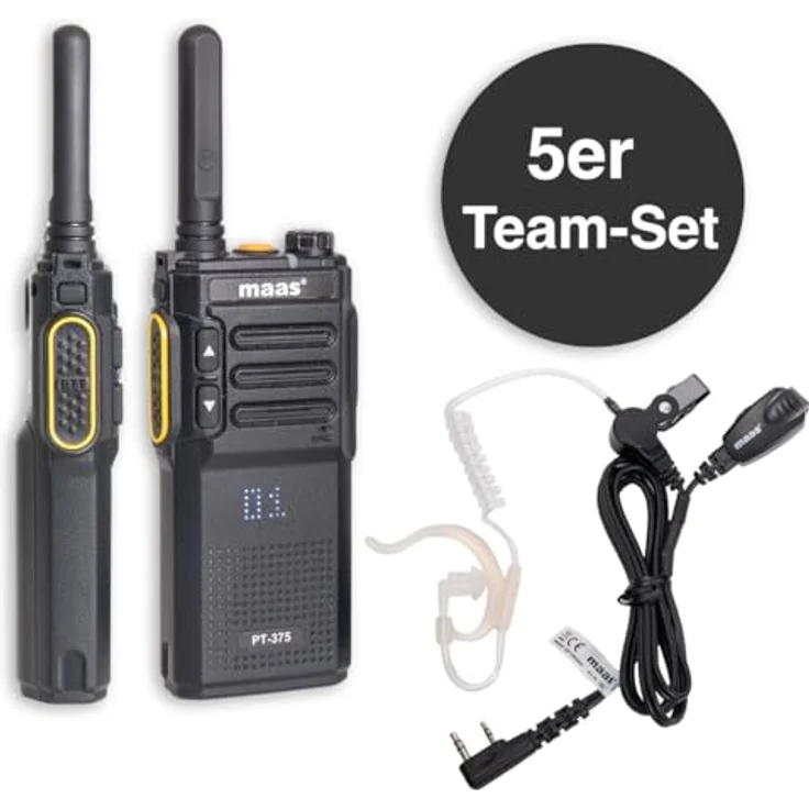 MAAS 5er Team-Set PT-375, PMR446 Funkgeräte im Funkkoffer mit 99 Kanälen, spritzwassergeschützt, inklusive Securityheadsets und Li-Ionen-Akku 2300 mAh – Bild 3