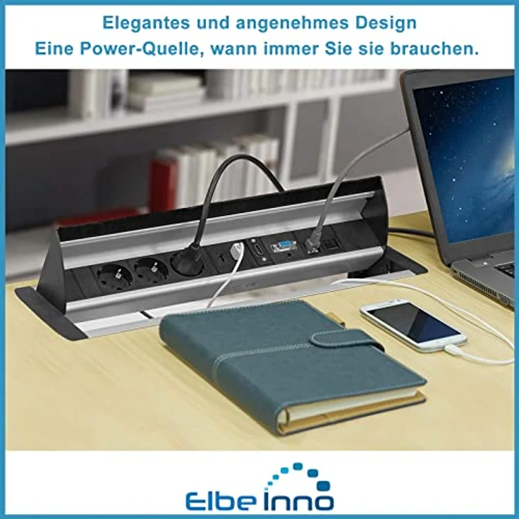 Elbe Inno Versenkbare Tischsteckdose mit 2xUSB, HDMI & VGA-Buchse, 2xRJ45 Netzwerkdose, Kindersicherung, Audiobuchse, 1,5m Kabel, für Büro - EL4403A, Schwarz-Grau – Bild 3