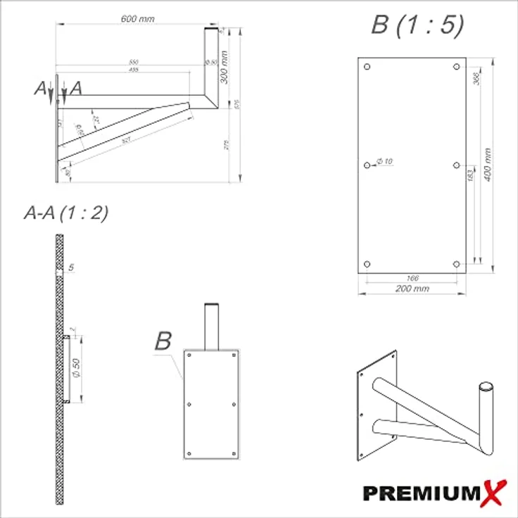 X 60cm SAT-Halterung mit Stützelement ALU Auslegerlänge = 600mm Auslegerhöhe = 300mm Grundplatte = 400x200mm Wandhalter 60 cm – Bild 5