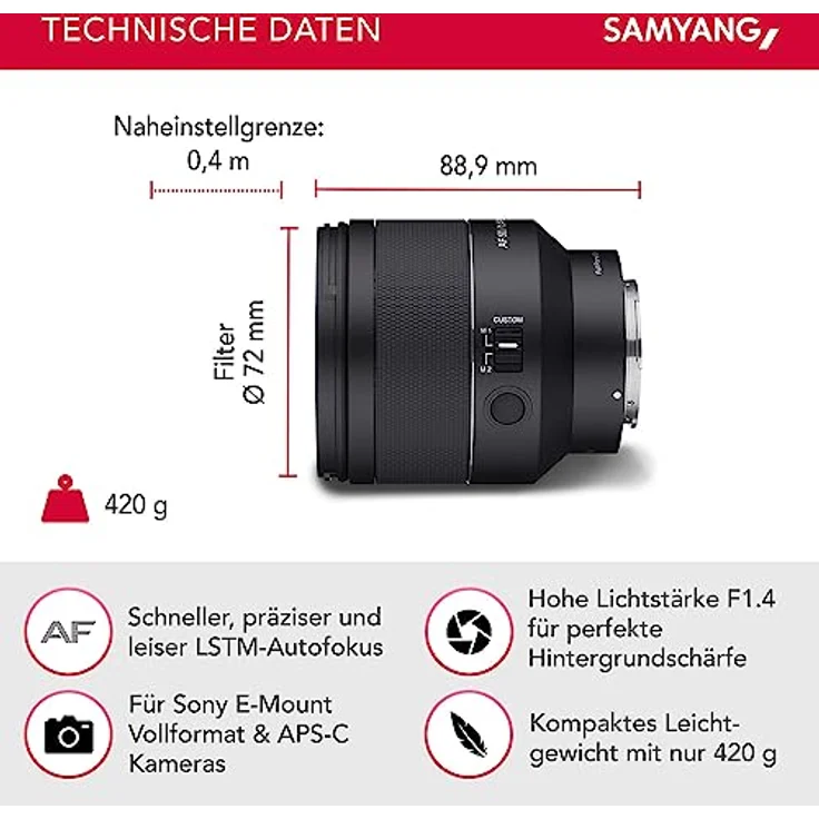 Samyang AF 50mm F1,4 II FE für Sony E - Standard Autofokus Objektiv für spiegellose Systemkameras von Sony, für Vollformat und APS-C Sensoren, Ideal für Detailaufnahmen – Bild 2