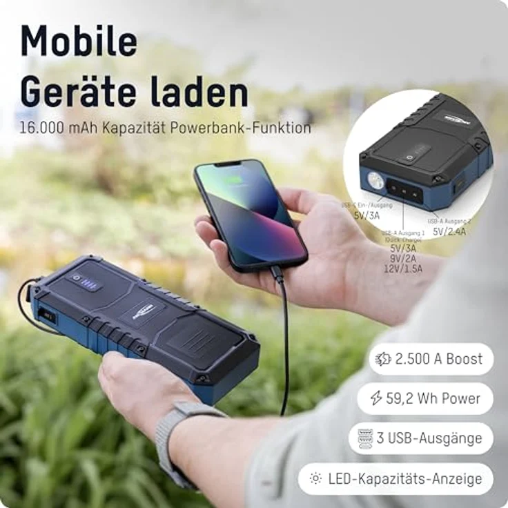 ANSMANN Starthilfe Powerbank, kompakt für 12V Fahrzeugbatterien, 2500 A mit Taschenlampenfunktion und LED-Kapazitätsanzeige – Bild 4