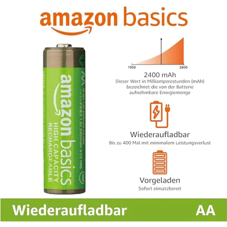 AmazonBasics AA-Batterien mit hoher Kapazität, wiederaufladbar, vorgeladen, 4 Stück (Aussehen kann variieren) – Bild 2