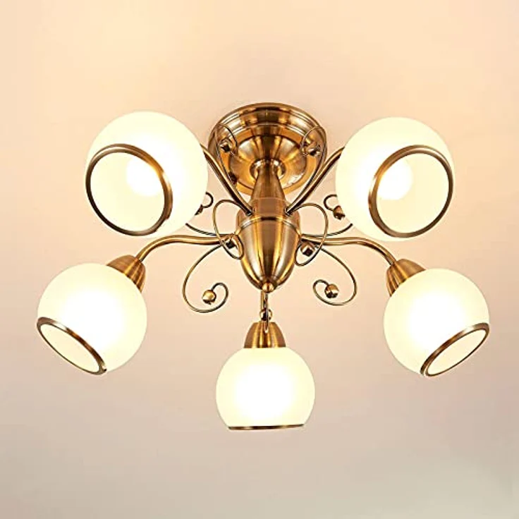 Lindby Deckenlampe Glas Metall altmessing, Deckenleuchte Ø 59 cm, 5x E14 max. 40W, ohne Leuchtmittel, Wohnzimmerlampe, Schlafzimmer, Flur, Büro – Bild 3