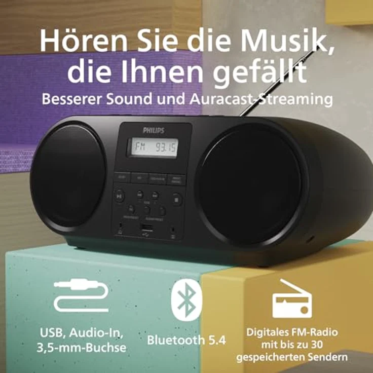 Philips TAZ5000/10, tragbares FM-Radio und CD-Player mit Bluetooth, Farbdisplay und Fernbedienung, Schwarz – Bild 5
