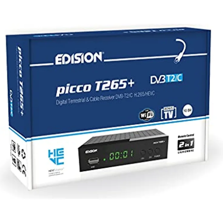 Edision Picco T265+ Terrestrischer DVB-T2 und Kabel DVB-C Receiver, H265 HEVC, FTA Full HD PVR, USB, HDMI, SCART, S/PDIF, IR, USB WiFi Support, Universal 2in1 Fernbedieung, Schwarz