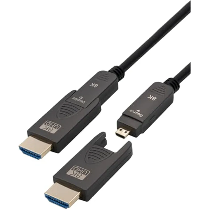 MAXTRACK Aktives HDMI Glasfaser Kabel - C504-10ML, HDMI 2.1, 8K@60Hz, 4K@120Hz, eARC, 3D, Ultraflexibel Ø 4,8mm, vergoldete Metallstecker, inkl. 2 Adapter HDMI D auf HDMI A
