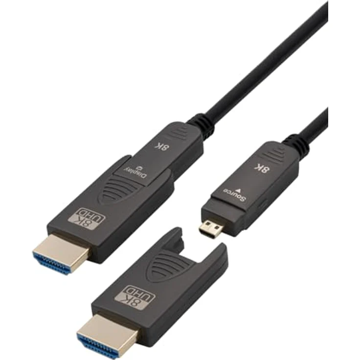 MAXTRACK Aktives HDMI Glasfaser Kabel – C504-15ML, HDMI 2.1, 8K@60Hz, 4K@120Hz, eARC, 3D, Ultraflexibel, vergoldete Metallstecker, inklusive 2 Adapter HDMI D auf HDMI A – Bild 1