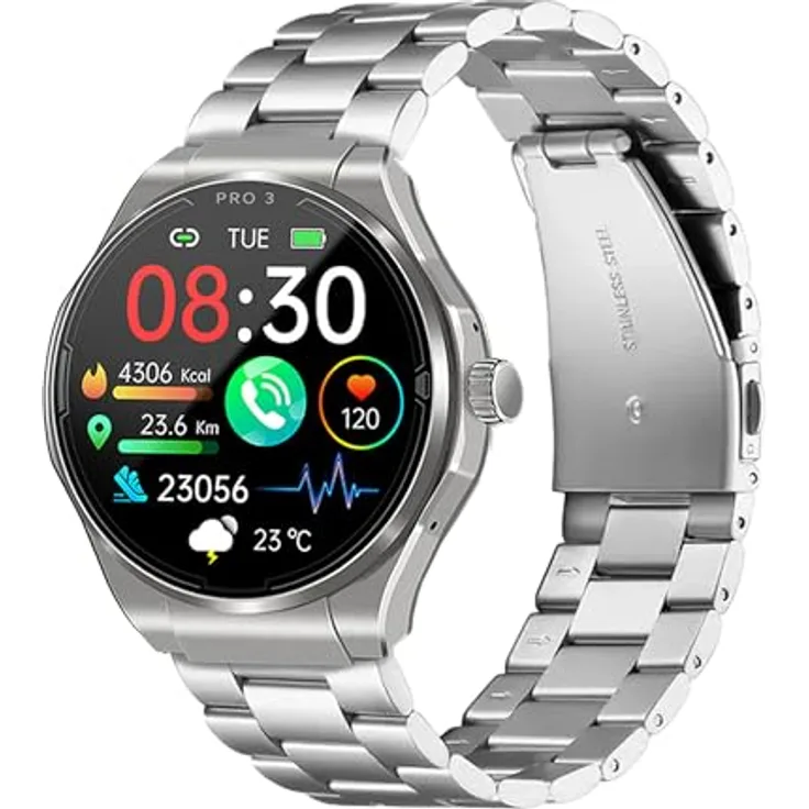 Knauermann PRO 3 (2024) Silber Smartwatch - EKG + HRV, SOS Funktion, AMOLED Display, BT Bluetooth, Schlafapnoe, Titanband Schwarz, 14-24, rund