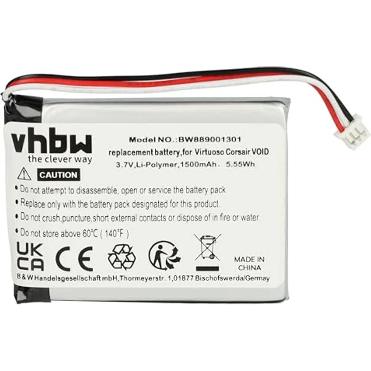 vhbw Akku kompatibel mit Corsair Virtuoso RGB, RGB Wireless SE Wireless Headset Kopfhörer (1500 mAh, 3,7 V, Li-Ion) - Ersatzakku mit 1500 mAh Kapazität, Lithium-Ionen-Technologie – Bild 1