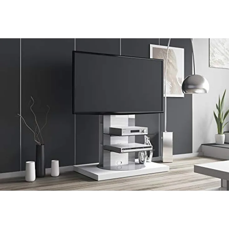 designimpex Fernsehtisch Roma H-777nw, Weiß Hochglanz, 360° drehbar für TV bis 65 Zoll, inkl. TV-Halterung