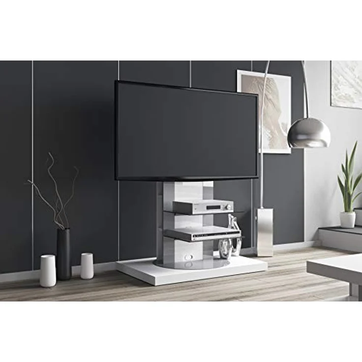 designimpex Fernsehtisch Roma H-777nw, Weiß Hochglanz, 360° drehbar für TV bis 65 Zoll, inkl. TV-Halterung – Bild 1