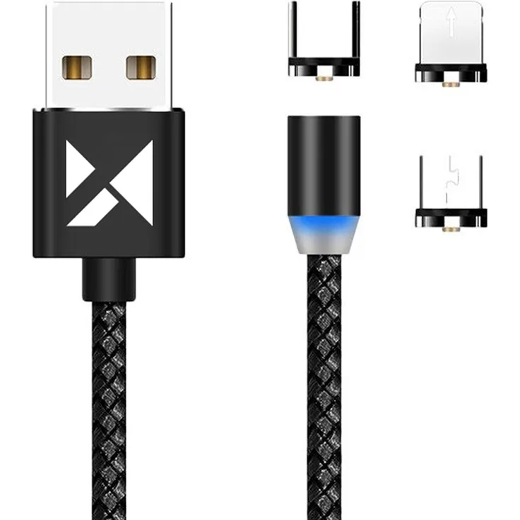 WOZINSKY Magnetkabel WMC-01, USB / Micro USB / USB Type C / iPhone-Anschluss Kabel 1m mit 2.4A und LED, schwarz