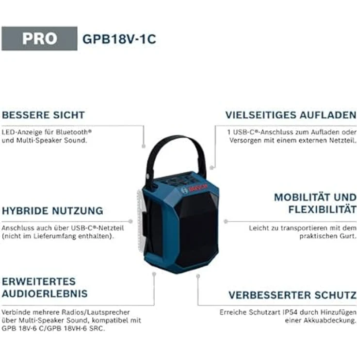 Bosch Professional GPB 18V-1 C, Bluetooth-Lautsprecher mit Multi-Speaker Sound und USB-C-Anschluss, kompakt und tragbar, Lieferung im Karton – Bild 3