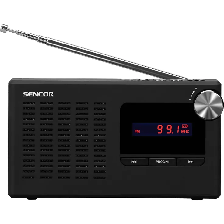 SENCOR SRD 2215 PLL-Radio, tragbar mit USB/MP3-Sensor, schwarzes Design, bis zu 11 Stunden Akkulaufzeit, Kopfhöreranschluss, 50 Weckzeiten