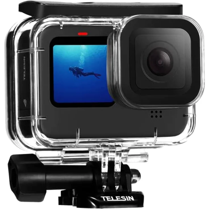 TELESIN 60M wasserdichtes Gehäuse für GoPro Hero 13/12/11/10/9 Black, bis 60m Tiefe, mit Schnellverschluss-Halterung und Befestigungsschrauben