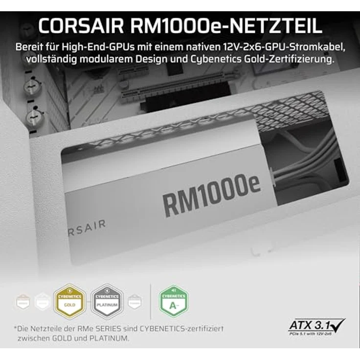 Corsair RM1000e (2025) Vollmodulares, geräuscharmes ATX-Netzteil in Weiß mit 105°C-Kondensatoren – Bild 2