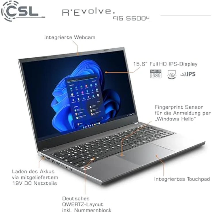 CSL-Computer Notebook R'Evolve C15 5500U - Ultra-Slim Laptop, 15,6 Zoll FHD IPS Display, AMD Ryzen 5 5500U, 500 GB SSD, 32 GB RAM, USB 3.2, BT 5.2, AX WLAN – Bild 5