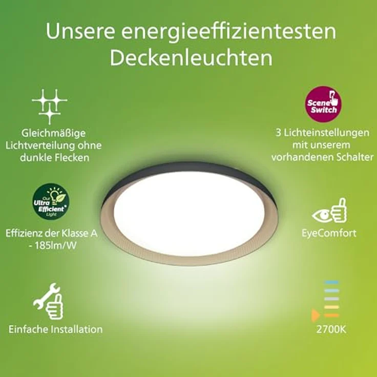 Philips Pebblo UltraEfficient LED Deckenleuchte, SceneSwitch, Schwarz, 10W, 1850Lm, 2700K, IP20, warmweißes Licht, 3 Lichteinstellungen – Bild 2