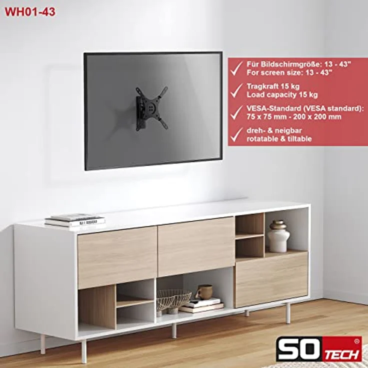 SOTECH TV Wandhalterung WH-01-43, drehbar und neigbar für 13-43 Zoll Bildschirmdiagonale, schwarz, Tragkraft bis zu 15 kg, VESA kompatibel – Bild 5