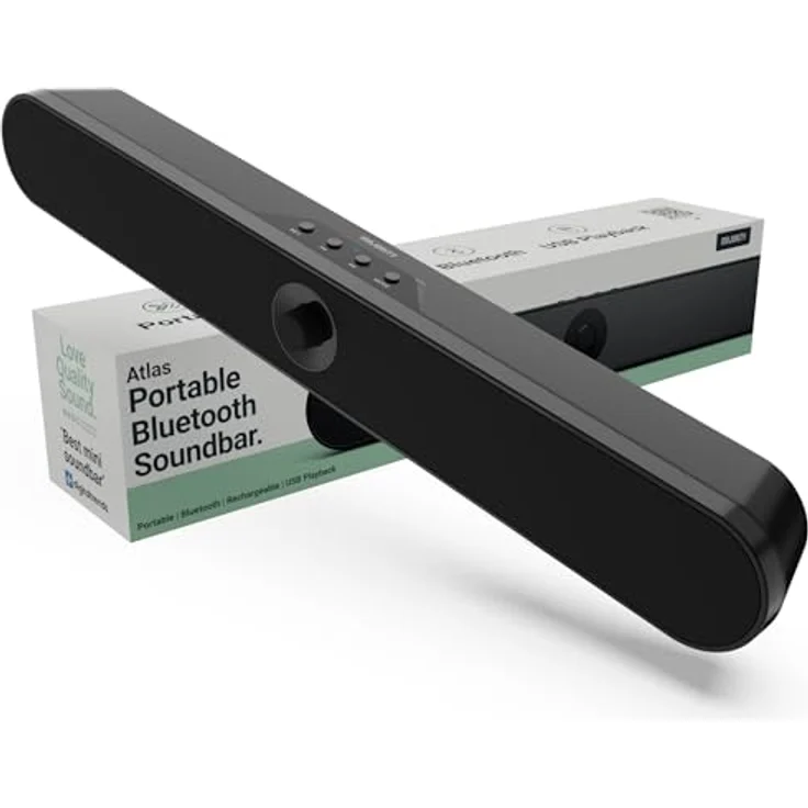 MAJORITY Atlas | Tragbare Bluetooth-Soundbar für PC | 20W Computer Lautsprecher für Laptop | Wiederaufladbare Batterie mit 8 Stunden Laufzeit | PC Boxen mit USB, SD-Karte, AUX und Kopfhöreranschluss – Bild 1