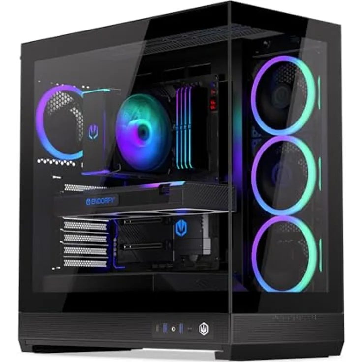 ENDORFY Fishtank 6000 Corona, PC-Gehäuse ATX E-ATX, Panorama-Design aus gehärtetem Glas, 4x120 mm ARGB PWM Lüfter, USB-C, 360 mm Kühlung, für GPUs bis 445 mm, modernes schwarzes Computergehäuse