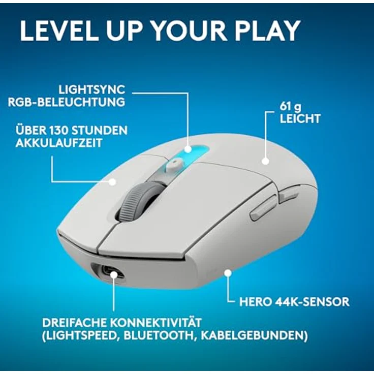 LOGITECH G305 X SUPERLIGHT Gaming-Maus, kabellos, HERO 44K-Sensor, 60 g, weiß, RGB-Beleuchtung – Bild 2