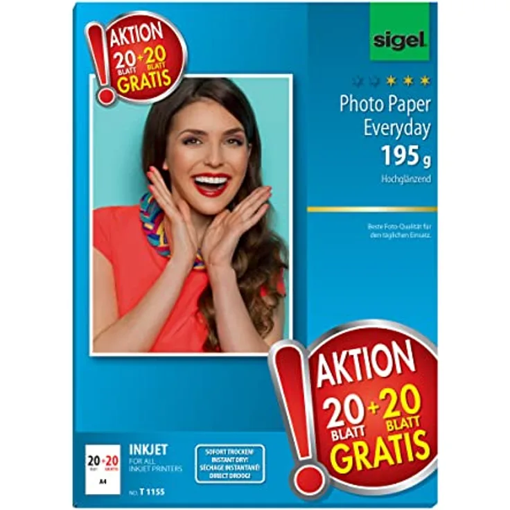 SIGEL T1155 InkJet Everyday Fotopapier, 20 + 20 Blatt gratis, A4, hochglänzend, 195 g