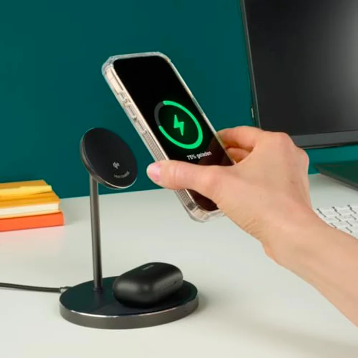 Hama Kabelloses Qi2-Ladegerät, 2in1-Ladestation mit 15W Schnellladefunktion und neigbarem Smartphone-Halter, Schwarz – Bild 4