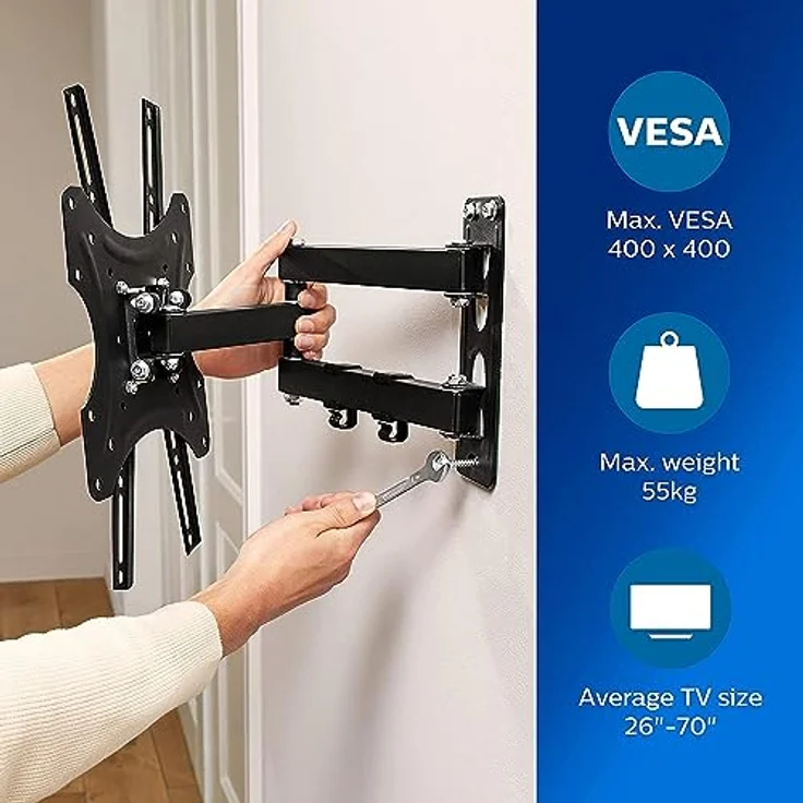 PHILIPS TV Wandhalterung SQM9232/10 - TVs von 26" bis 70" - Max. 35 KG - LED, LCD, QLED, OLED, Gebogene und Flache TVs - TV-Kabelmanagement - VESA-Montagelöcher - Schwarz – Bild 4