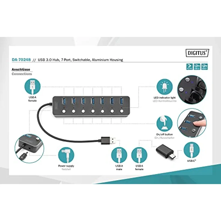 DIGITUS 7 Port USB 3.0 Hub - bis zu 5 Gbps - Ports einzeln schaltbar - inkl. USB-A auf USB-C-Adapter - Plug & Play - Aluminium Gehäuse - mit Netzteil - dunkelgrau – Bild 2