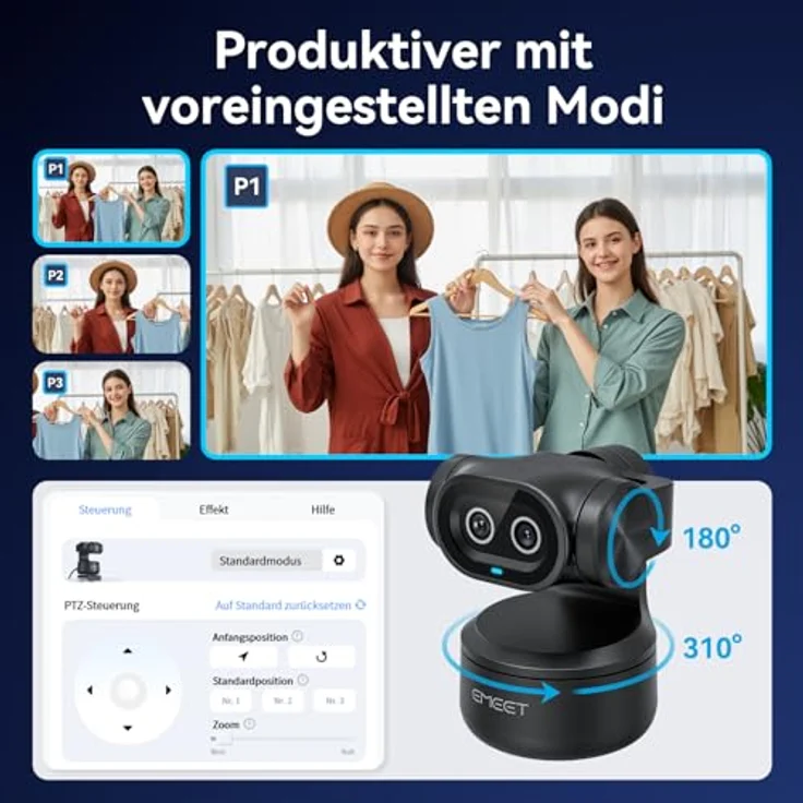 EMEET PIXY Dual-Kamera PTZ 4K Webcam mit KI-Tracking, 0,2 s Autofokus, 3 Mikrofonen und Gestensteuerung für Streaming, kompatibel mit OBS/Twitch/Switch 2 – Bild 5