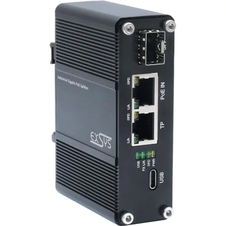 Exsys EX-60328 PoE++ Splitter USB-C 60W, Plug and Play, inkl. DIN-Rail Kit und Wandmontagebügel, -20°C bis +50°C