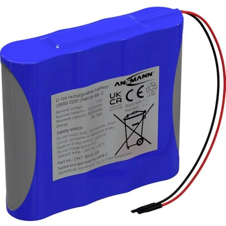 Ansmann 2S2P Akkupack 4X 18650 Kabel Li-Ion 7.2 V 5100 mAh, Energiedichte und Sicherheit, schwarz