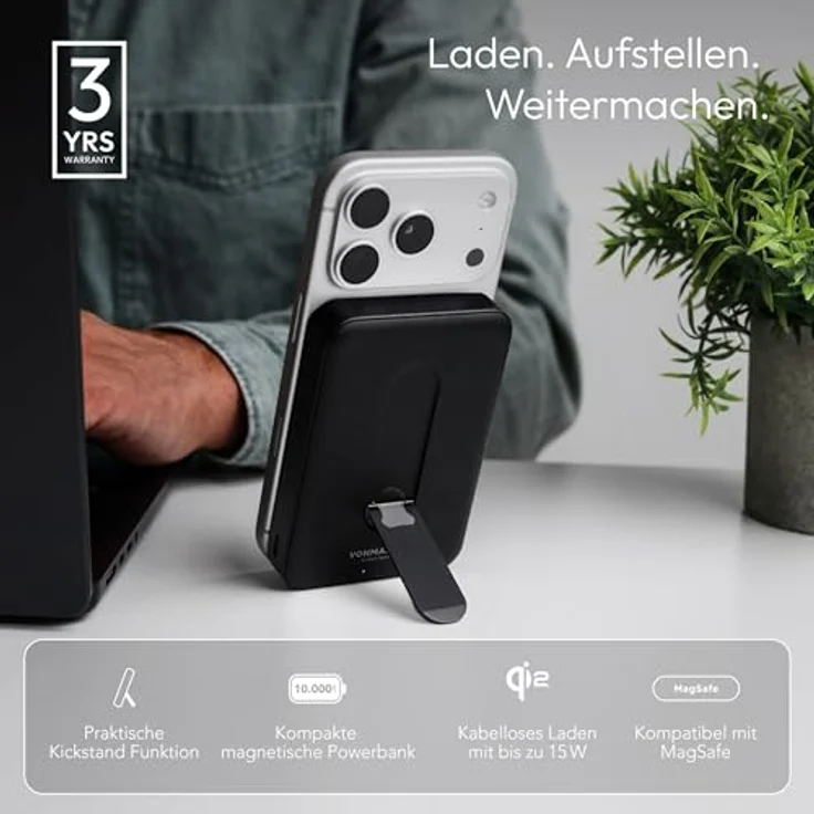 VONMÄHLEN Evergreen Mag Kickstand, 10.000 mAh Qi2-Powerbank mit 15W kabellosem Laden, 20W USB-C, integriertem Standfuß, LCO-Akku, 3 Jahre Garantie - Schwarz – Bild 2