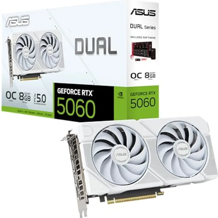 ASUS DUAL-RTX5060-O8G-WHITE, 8GB GDDR7 Grafikkarte mit AI-Leistung, Dual BIOS und 0dB-Technologie, weiß