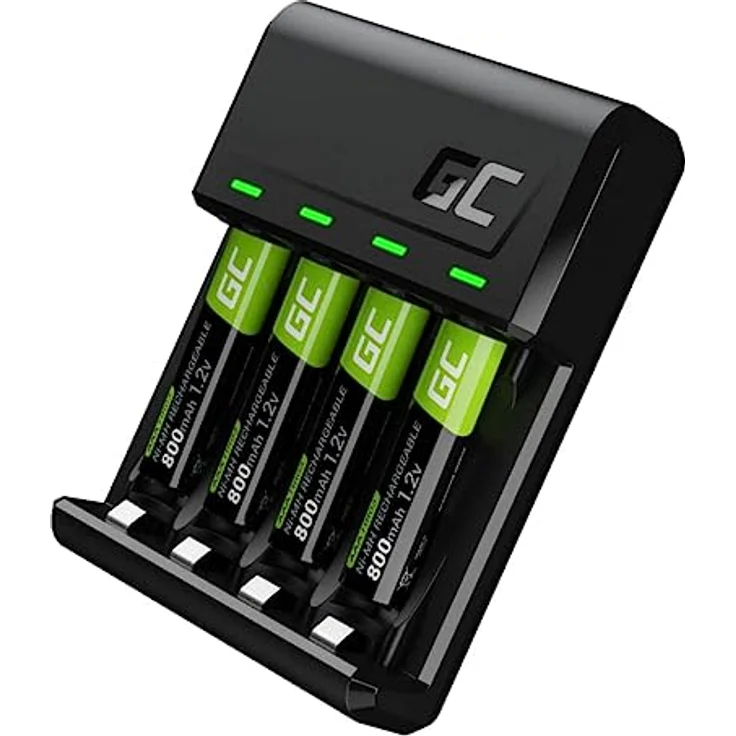 Green Cell VitalCharger Batterieladegerät Ladegerät + 4X AAA 800mAh für NI-MH AA AAA R6 R03 Mignon Akku. Mit Micro USB USB-C. 4-Kanal-Ladesystem - lädt ab 1 bis 4 AA oder AAA, LED-Signalisierung – Bild 1
