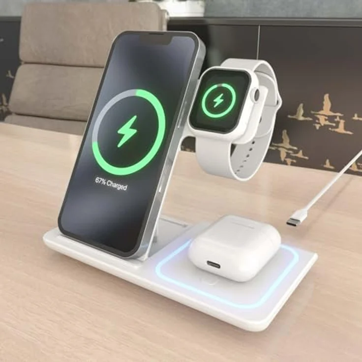 AISENS ASCH-15W3WC044-W, Kabelloses Ladegerät USB-C 3-in-1, 15 W, für Handy und Apple Watch, mit Ladekoffer, Weiß, faltbar, Qi-kompatibel – Bild 5