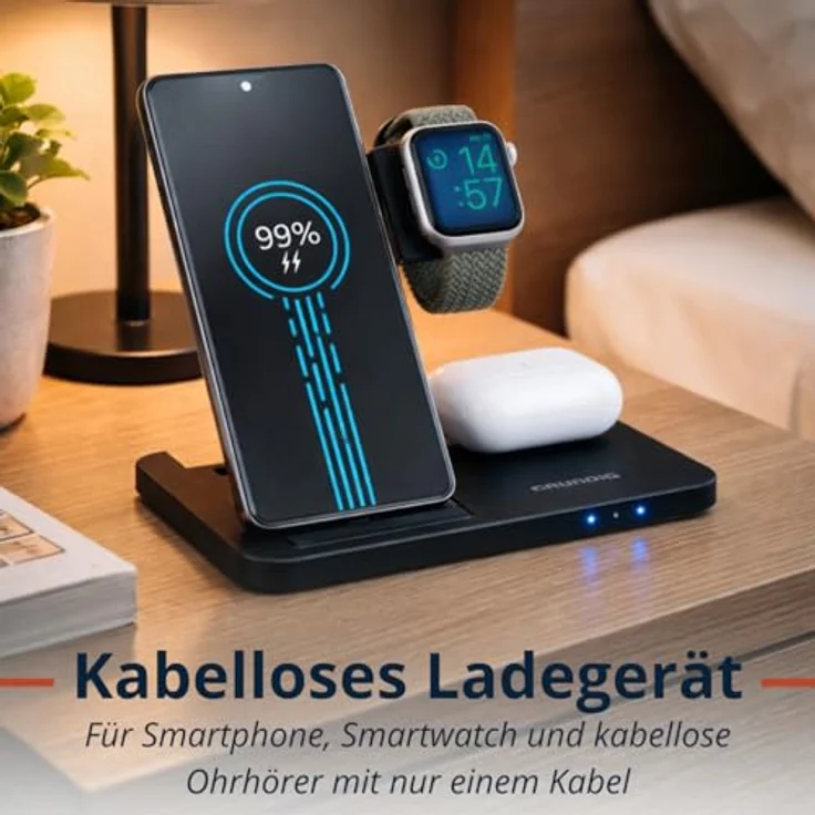 Grundig 3-in-1 Kabellose Ladestation für Apple Watch und iPhone – Faltbares Qi Ladegerät für Smartphone, Smartwatch und Kopfhörer mit Schutzfunktion und LED-Anzeige – Bild 5