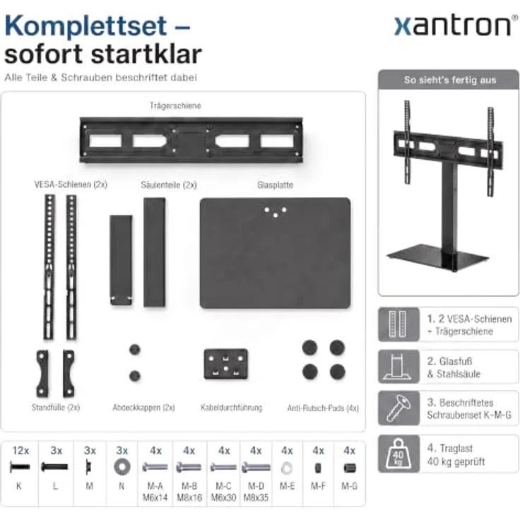 Xantron PREMIUM-TVS02, höhenverstellbarer TV Standfuß 37–75 Zoll, schwenkbar, für optimale Ergonomie – Bild 5