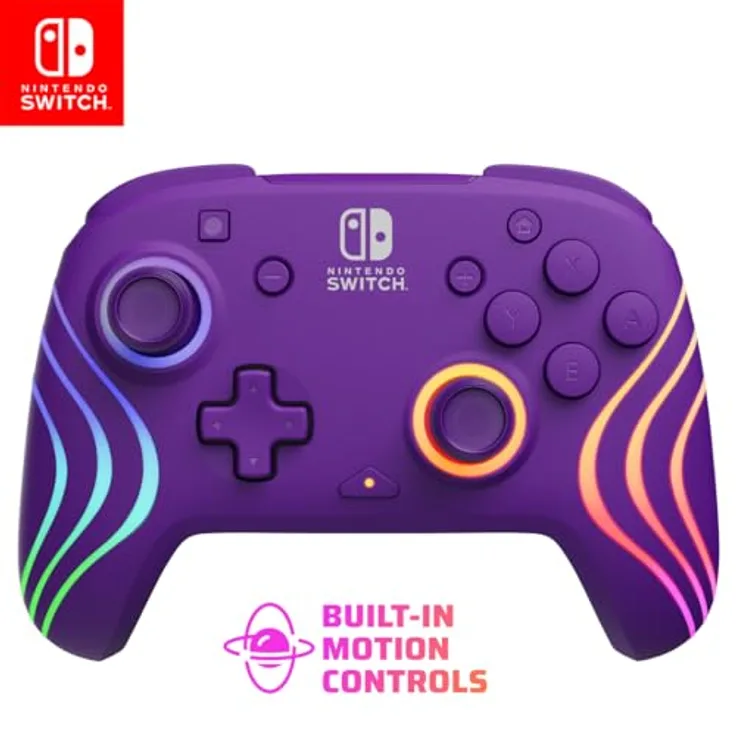 PDP Nintendo Switch Lila Afterglow Wave Wireless Controller, kabellos mit RGB-Beleuchtung und programmierbaren Rückentasten