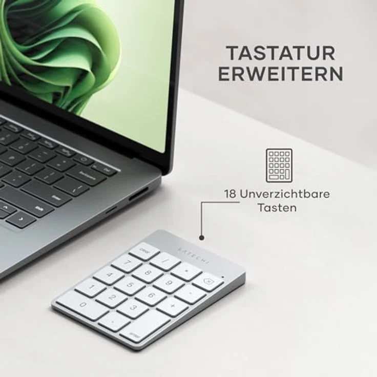SATECHI Bluetooth Zahlenblock, Kabelloser Aluminium 18-Tasten Nummernblock, USB-C wiederaufladbar, kompatibel mit Mac und Windows – Silber – Bild 4