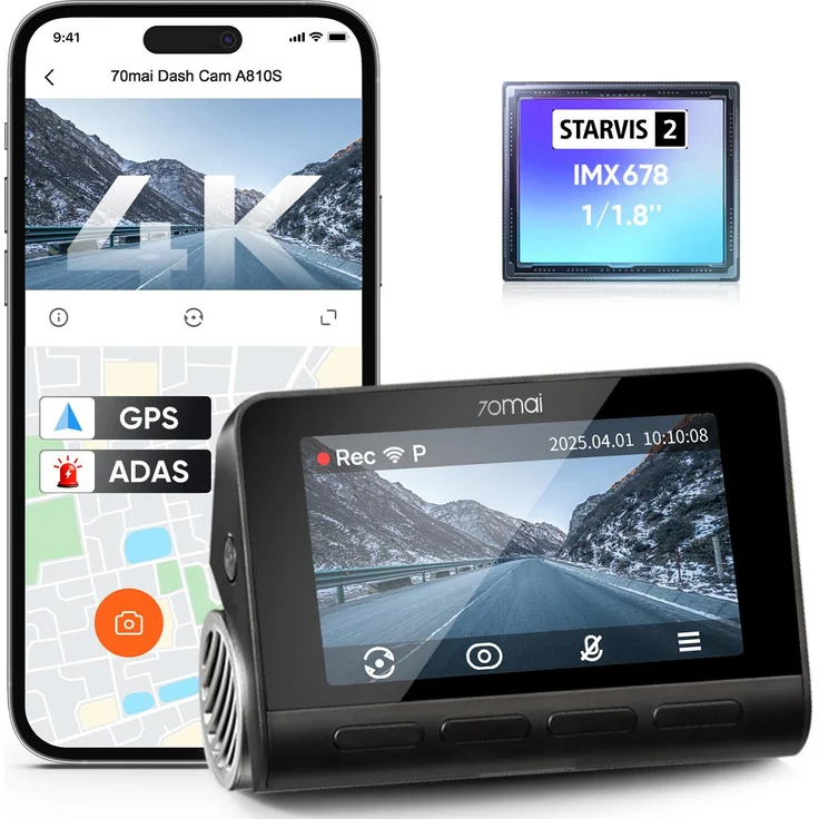70mai Dashcam A810S, 4K Ultra HD mit Starvis 2 IMX678 Bildsensor, HDR, Superkondensator, 3.0" Bildschirm, GPS, ADAS, schwarz