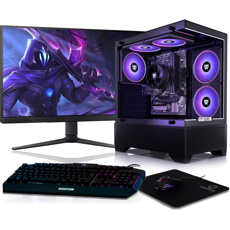 BEASTCOM Q3 Essential Gaming PC Komplett-Set, AMD Ryzen 7 8X 4,60GHz, 16GB RAM, 512GB SSD, 4K Vega Radeon Grafik, 24" LED Monitor, Schwarz, Windows 11 Pro