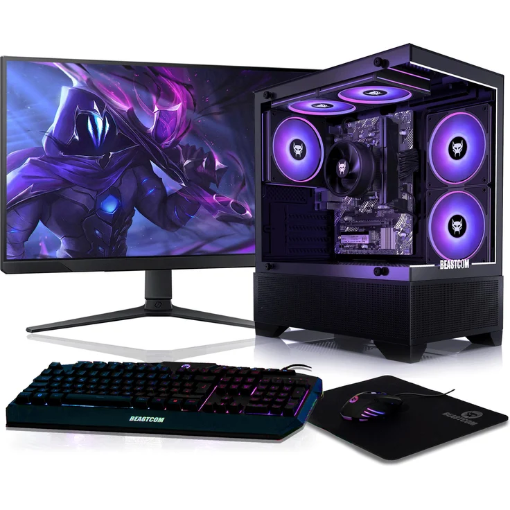 BEASTCOM Q3 Essential Gaming PC Komplett-Set, AMD Ryzen 7 8X 4,60GHz, 16GB RAM, 512GB SSD, 4K Vega Radeon Grafik, 24" LED Monitor, Schwarz, Windows 11 Pro