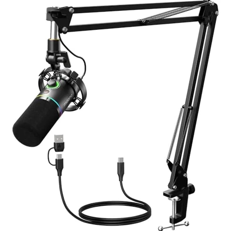 MAONO PD200XS, XLR/USB Dynamisches Mikrofon Set mit RGB-Licht, Stummschalttaste und Gain-Regler, ideal für PC Gaming, Streaming und Podcasting, schwarz