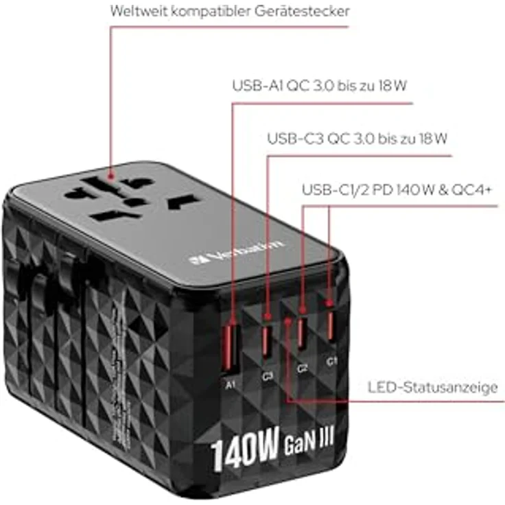 Verbatim UTA-10, USB Reiseadapter (140 W) mit Schnellladung, Schwarz, universelle Kompatibilität, Sicherheitsmerkmale – Bild 2