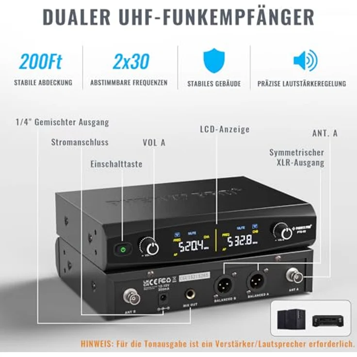 Phenyx Pro PTU-52-1H1B, Dual UHF Funkmikrofon-Set mit 30 Frequenzen, Handmikrofon und Bodypack, robuste Bauweise – Bild 3