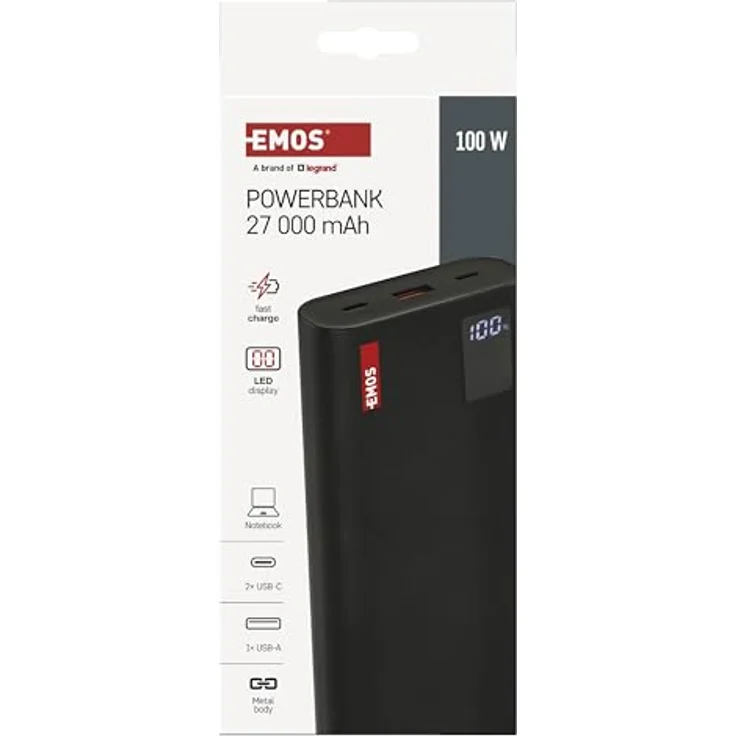 EMOS Powerbank 27 000 mAh NTBF30 - Externer Akku mit Passthrough und Fast-Charging 100W PD - 2X USB-C/USB-A-Port - Schwarz – Bild 2