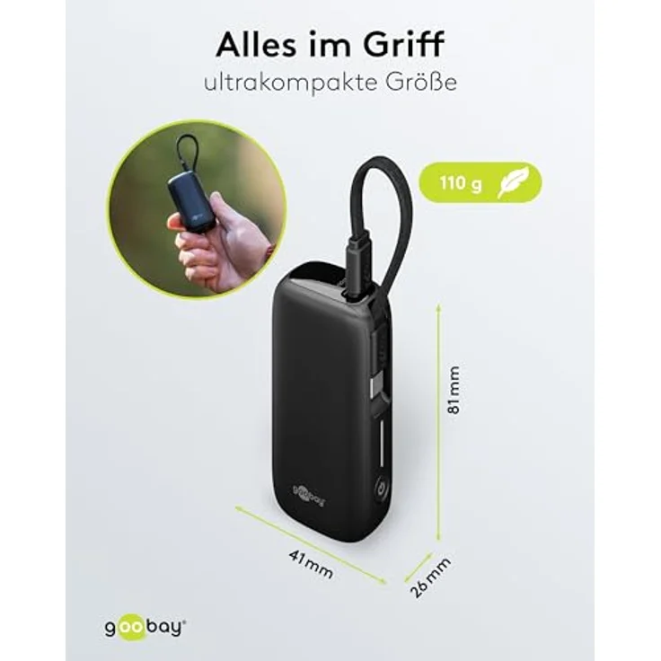 goobay Powerbank 5.000 mAh mit integriertem USB-C Kabel, Quick Charge/Power Delivery, für Samsung, Xiaomi, Lenovo, Huawei, Apple iPhone/iPad, 13 cm, schwarz – Bild 4