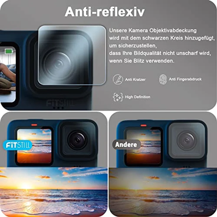FitStil Displayschutzfolie für Go Pro Hero 12/11/10/9 Black, ultraklarer 9H Schutz aus gehärtetem Glas für Vorder- und Rückseite + Objektivschutz, 9-teiliges Set mit Objektivabdeckung – Bild 3